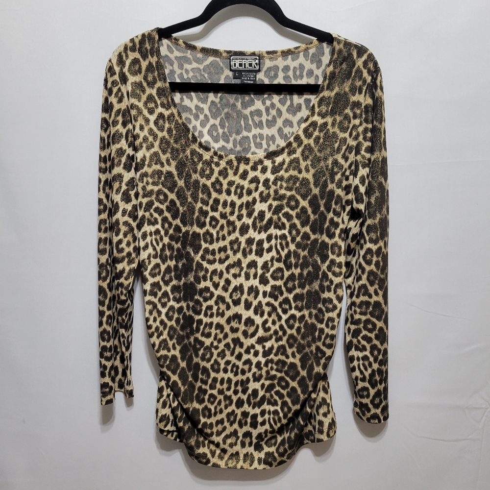 Berek Animal Print Shimmer Top Womens Large Ruching Stretch Long Sleeve Leopard